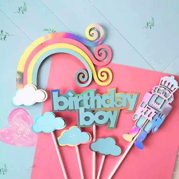 Новые радужные Топперы для торта с Днем рождения Сине-Розовый Топпер для кексов на день рождения для детей Украшения тортов на день рождения