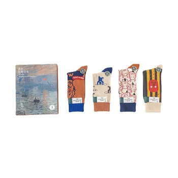 Носки для женщин в подарочной коробке, 4 комплекта, серия Monet, картина маслом, стиль французской осени и зимы, женские носки calcetines para mujer