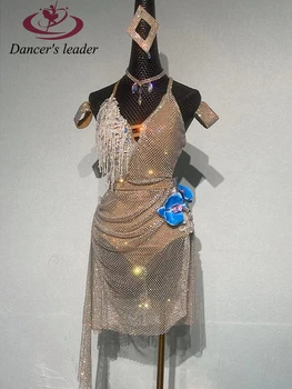 Платье для латиноамериканских танцев Высокого класса, изготовленный на заказ Ремешок, полупрозрачный Бриллиант, Ча-Ча-ча Танго, женская профессиональная одежда для взрослых