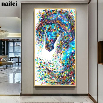 Полная квадратная круглая алмазная роспись, красочная лошадь, настенное искусство, изображения животных для украшения гостиной, мозаичная вышивка,