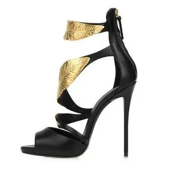 Прямая поставка, пикантные черные кожаные летние сандалии с золотыми листьями 120 мм, женские вечерние туфли с открытым носком и застежкой-молнией сзади