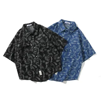 Рубашка с цветочным принтом из ореха кешью, мужская и женская свободная джинсовая куртка для улицы, летний топ, модный синий, черный