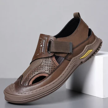 Сандалии, летняя новая мужская повседневная пляжная обувь, кожаные сандалии Baotou, мужские тапочки из дышащей сетки, устойчивые к скольжению