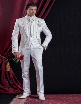Смокинги жениха с вышивкой 2023 года (куртка + брюки + жилет) Белый свадебный мужской костюм жениха, комплект для выпускного вечера, мужской костюм, блейзеры, Terno Masculino