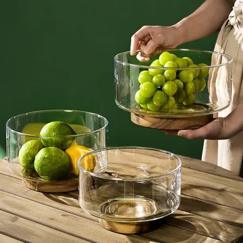 Стеклянная ваза для фруктов с деревянной подставкой Лоток для хранения Семейный Летний Чай со льдом Контейнер для фруктового вина Обеденная тарелка Салатница Бытовая
