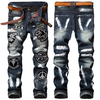Уличная одежда, мужские джинсы с вышивкой тигра, Рваные джинсовые брюки со значками, уличная одежда в стиле пэчворк в стиле хип-хоп, Длинные брюки для ночного клуба.