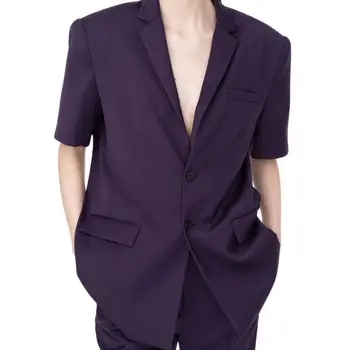 Фиолетовые мужские костюмы с вырезами на лацканах, Приталенный Блейзер с коротким рукавом из 2 предметов и брюки, Классические Летние Пляжные Свадебные наряды для жениха