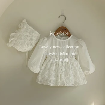 Элегантное Платье-комбинезон для маленьких девочек с белыми кружевными лепестками + шапочки, Одежда для Дня рождения новорожденного, Корейское Весеннее Детское боди с длинным рукавом