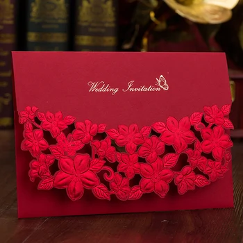 Элегантные красные кружевные пригласительные открытки на свадьбу 2017 с цветочной лазерной резкой, приглашения на свадьбу 50 шт./лот