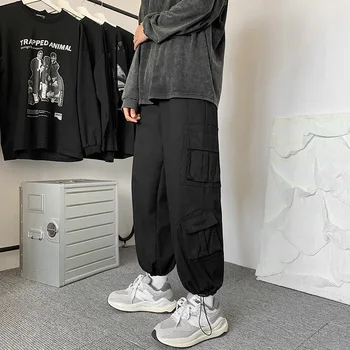 Японские брюки-карго для мужчин с несколькими карманами, дизайн в стиле хип-хоп, черные брюки на завязках, повседневные свободные джоггеры, модная мужская одежда